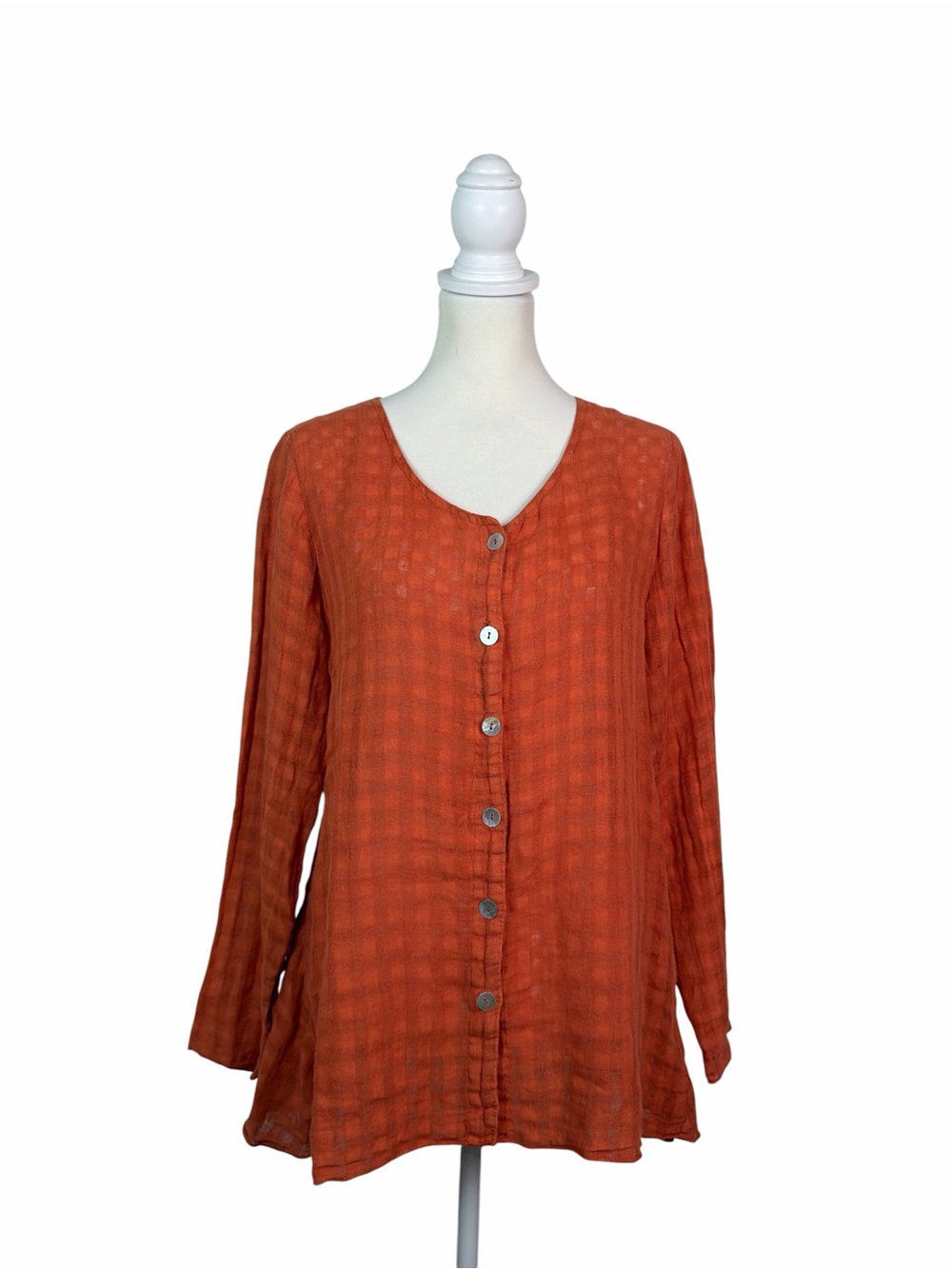 Fenini Women’s Small 100% Linen Tunic Blouse Rust Orange Button Front USA
